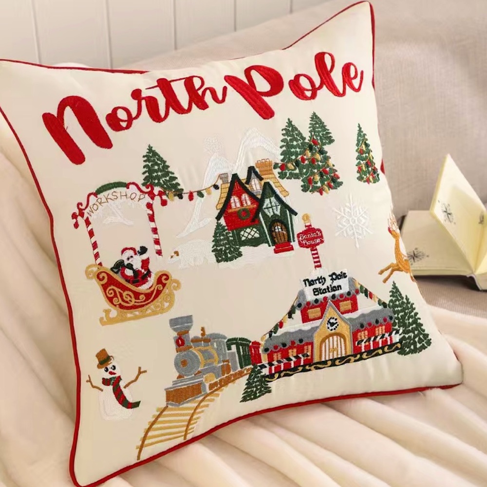 ☃️🎅🏼🎄 One Canvas North Pole Townscape Embroidered Throw Pillow Cover